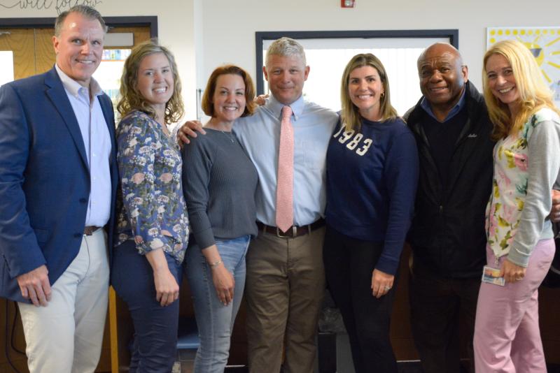 Beacon Middle Principal Dave Frederick, center, was named the 2023 Delaware Association of School Administrators Principal of the Year in a surprise ceremony April 28. Gathered at the event are (l-r) Cape Superintendent Bob Fulton, school board Vice President Julie Derrick, school board President Alison Myers, Frederick, school board member Jessica Tyndall, school board member Bill Collick and Cape Assistant Superintendent Jenny Nauman. SUBMITTED PHOTO